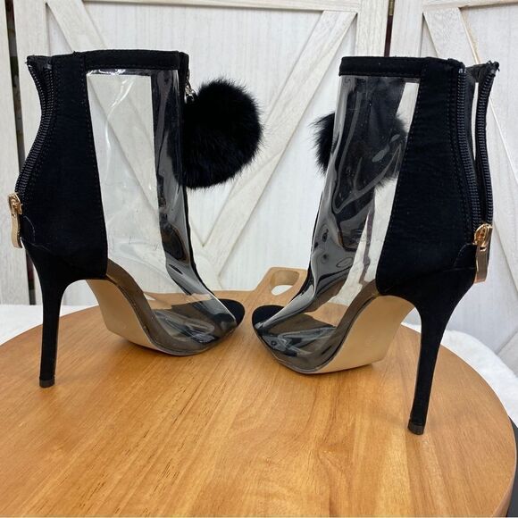 Bai Beiai Clear Peep Toe Heeled Ankle Boots PomPom Zipper Front Black 6 - Picture 7 of 12